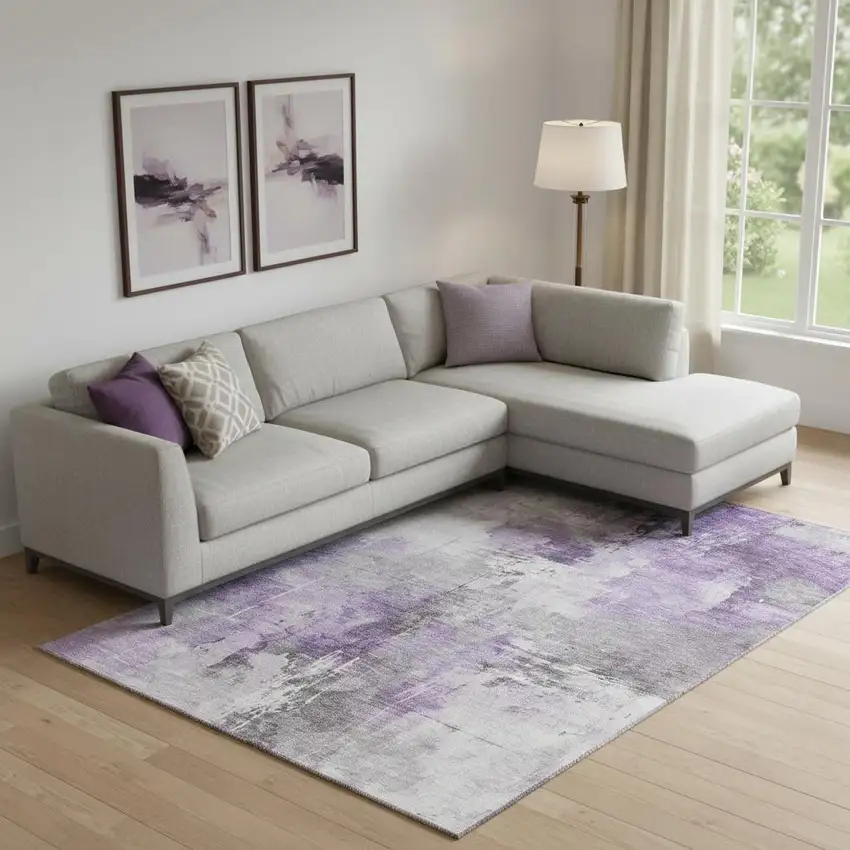 Purple Ivory And Gray Abstract Washable Area Rug With UV Protection Photo 2