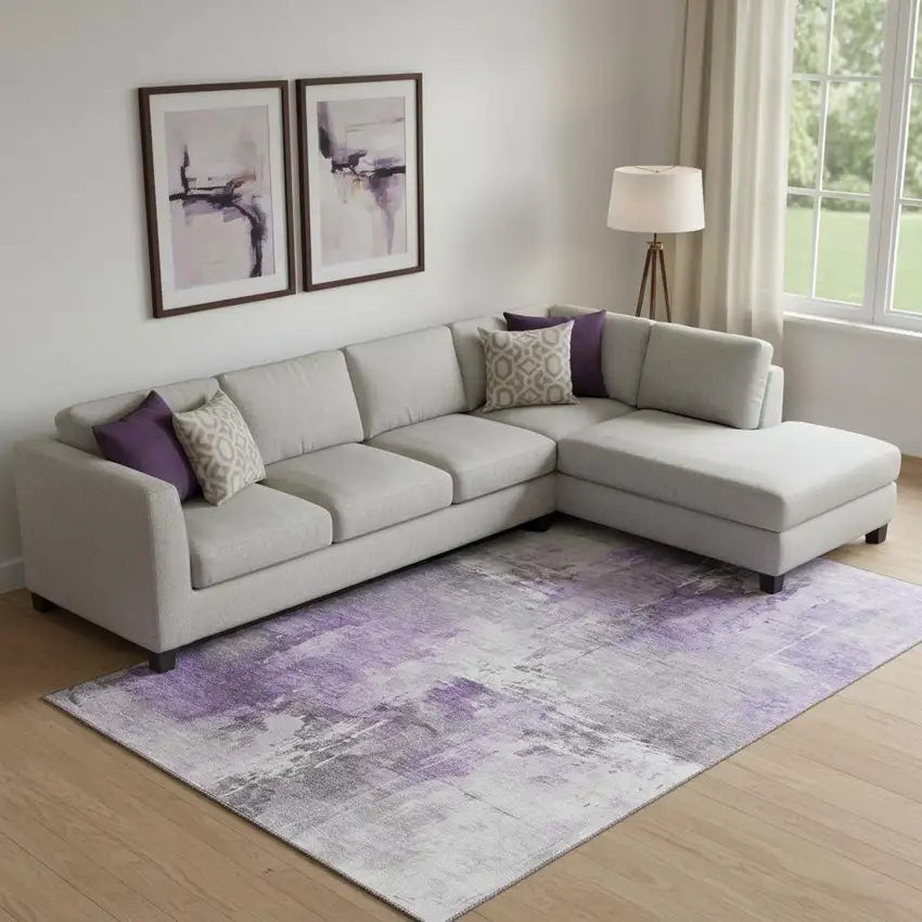 Purple Ivory And Gray Abstract Washable Area Rug With UV Protection Photo 2