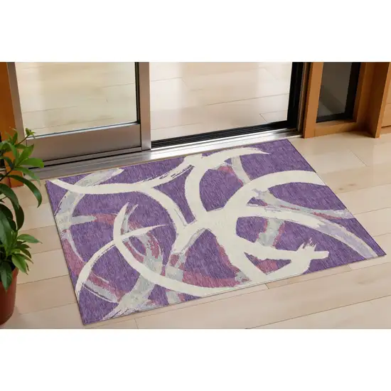 Purple Ivory And Gray Abstract Washable Indoor Outdoor Area Rug Photo 1