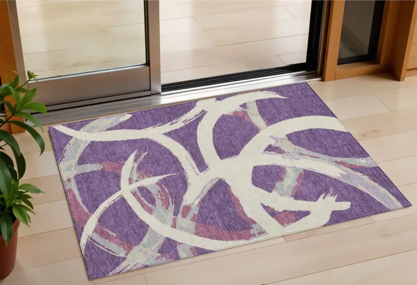 Purple Ivory And Gray Abstract Washable Indoor Outdoor Area Rug Photo 1
