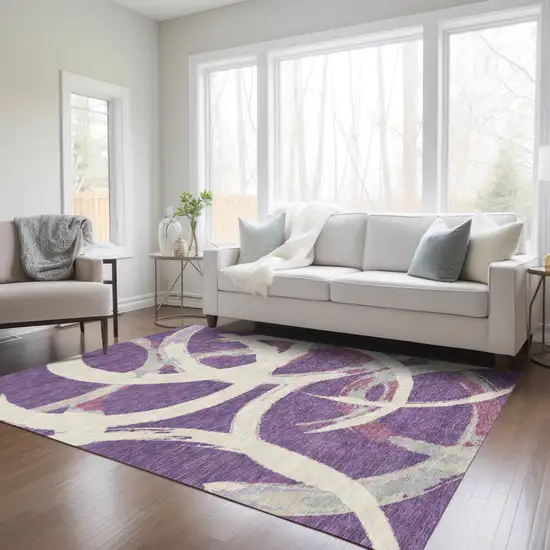 Purple Ivory And Gray Abstract Washable Indoor Outdoor Area Rug Photo 9