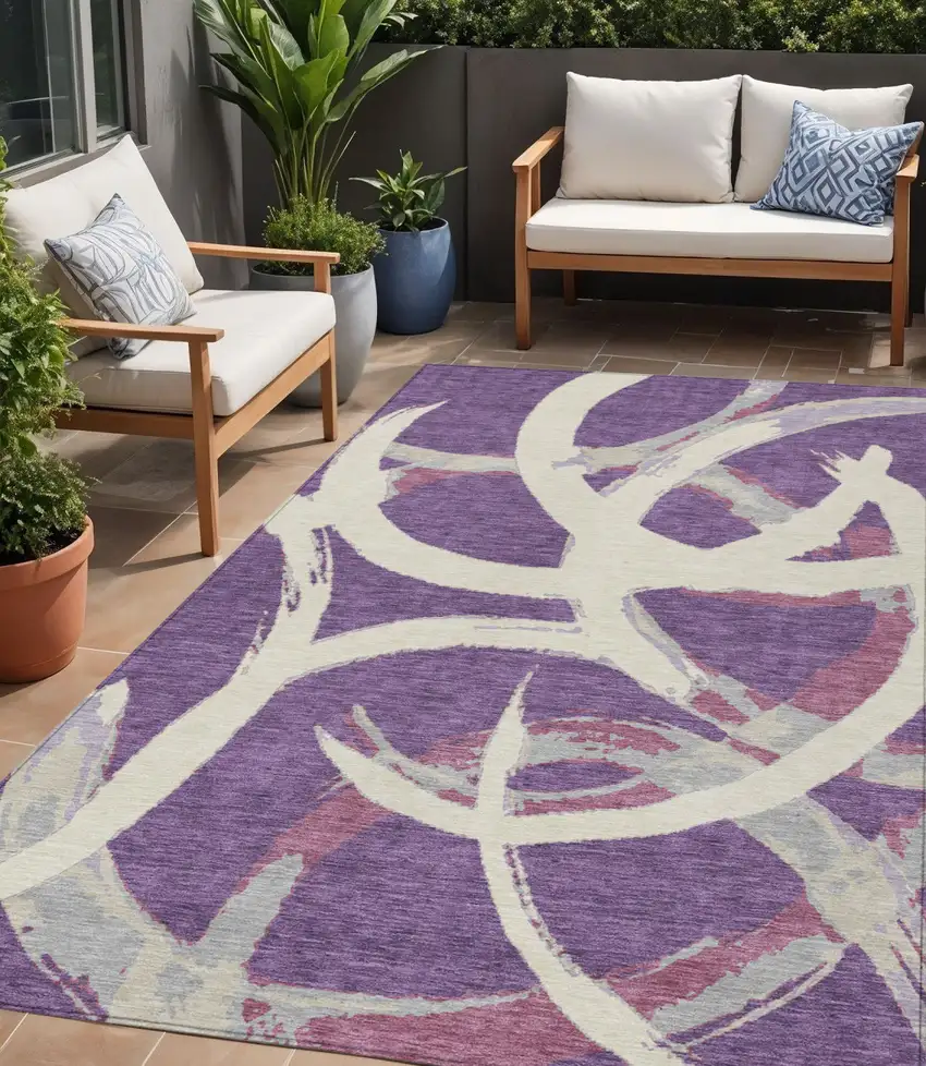 Purple Ivory And Gray Abstract Washable Indoor Outdoor Area Rug Photo 1