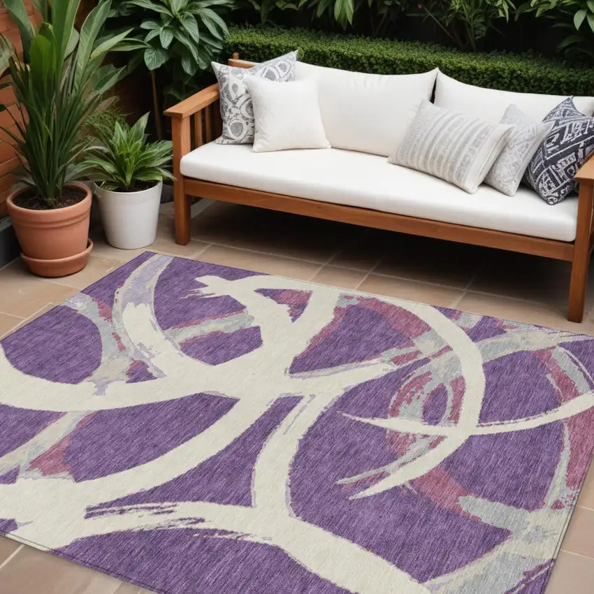Purple Ivory And Gray Abstract Washable Indoor Outdoor Area Rug Photo 1