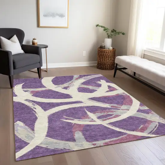 Purple Ivory And Gray Abstract Washable Indoor Outdoor Area Rug Photo 9