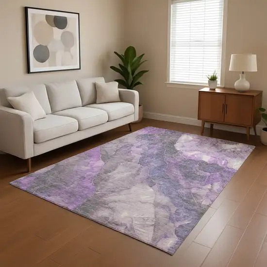 Purple Ivory And Gray Floral Washable Area Rug With UV Protection Photo 4