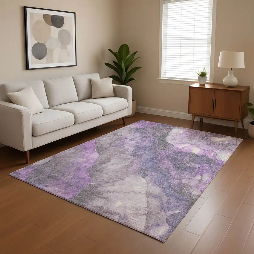 Purple Ivory And Gray Floral Washable Area Rug With UV Protection Photo 4