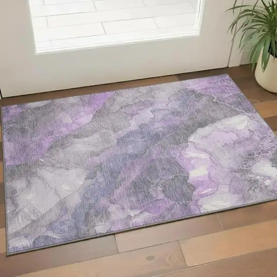Purple Ivory And Gray Floral Washable Area Rug With UV Protection Photo 2