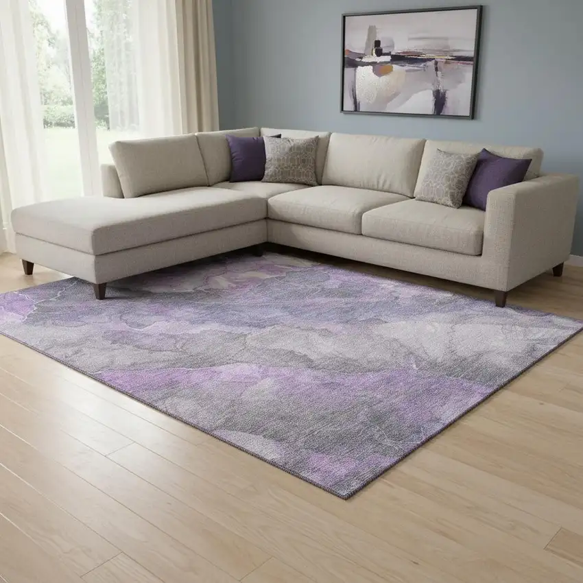 Purple Ivory And Gray Floral Washable Area Rug With UV Protection Photo 2