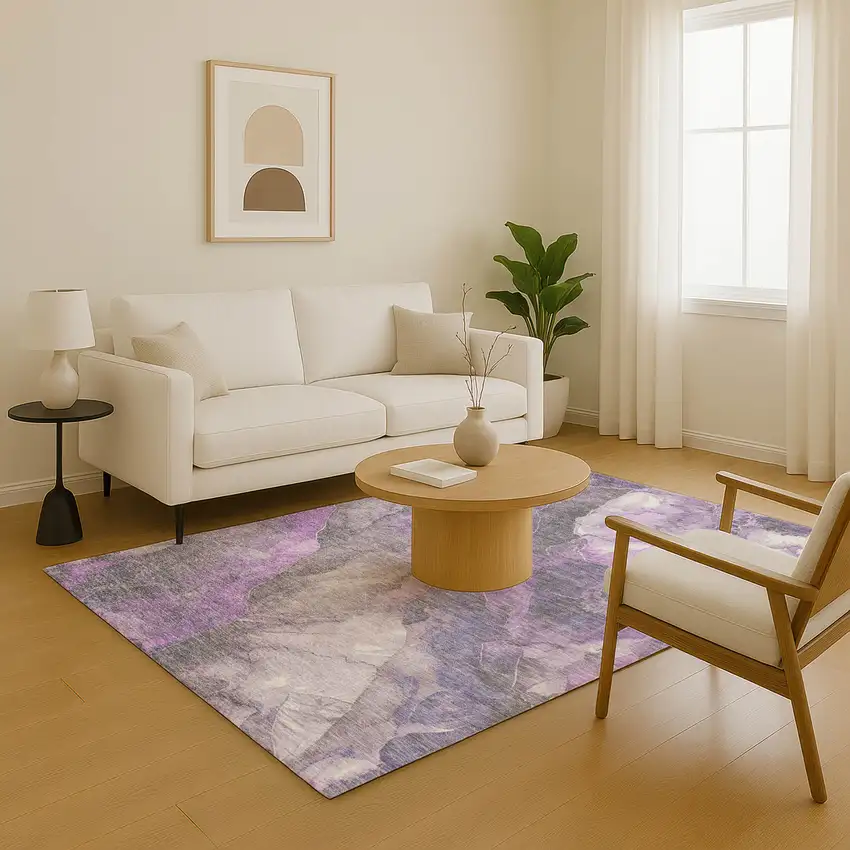 Purple Ivory And Gray Floral Washable Area Rug With UV Protection Photo 5