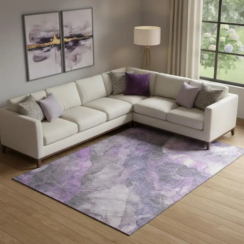 Purple Ivory And Gray Floral Washable Area Rug With UV Protection Photo 2