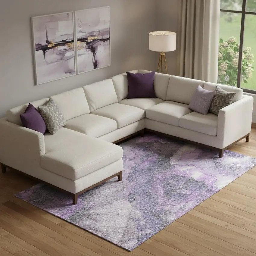 Purple Ivory And Gray Floral Washable Area Rug With UV Protection Photo 2