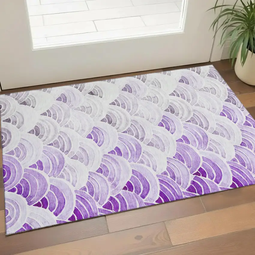 Purple Ivory And Gray Geometric Washable Area Rug With UV Protection Photo 1