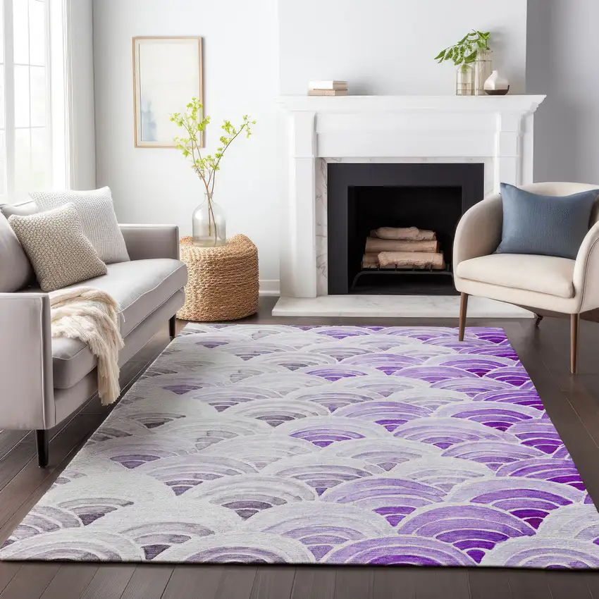 Purple Ivory And Gray Geometric Washable Area Rug With UV Protection Photo 6