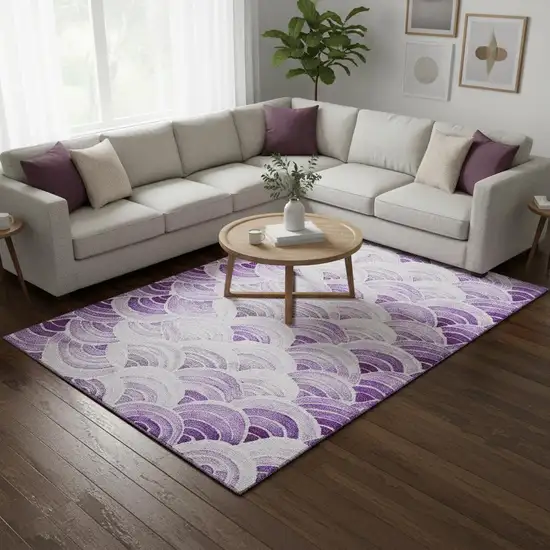Purple Ivory And Gray Geometric Washable Area Rug With UV Protection Photo 1