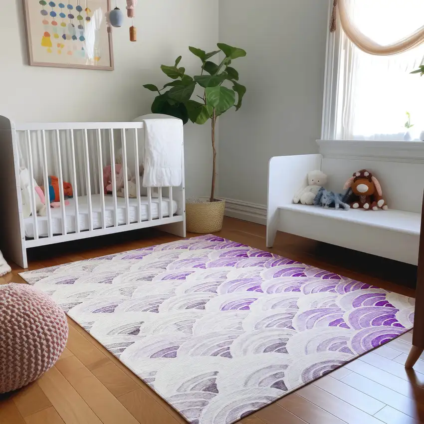 Purple Ivory And Gray Geometric Washable Area Rug With UV Protection Photo 5