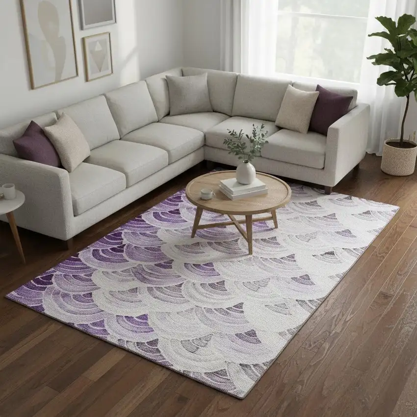 Purple Ivory And Gray Geometric Washable Area Rug With UV Protection Photo 1