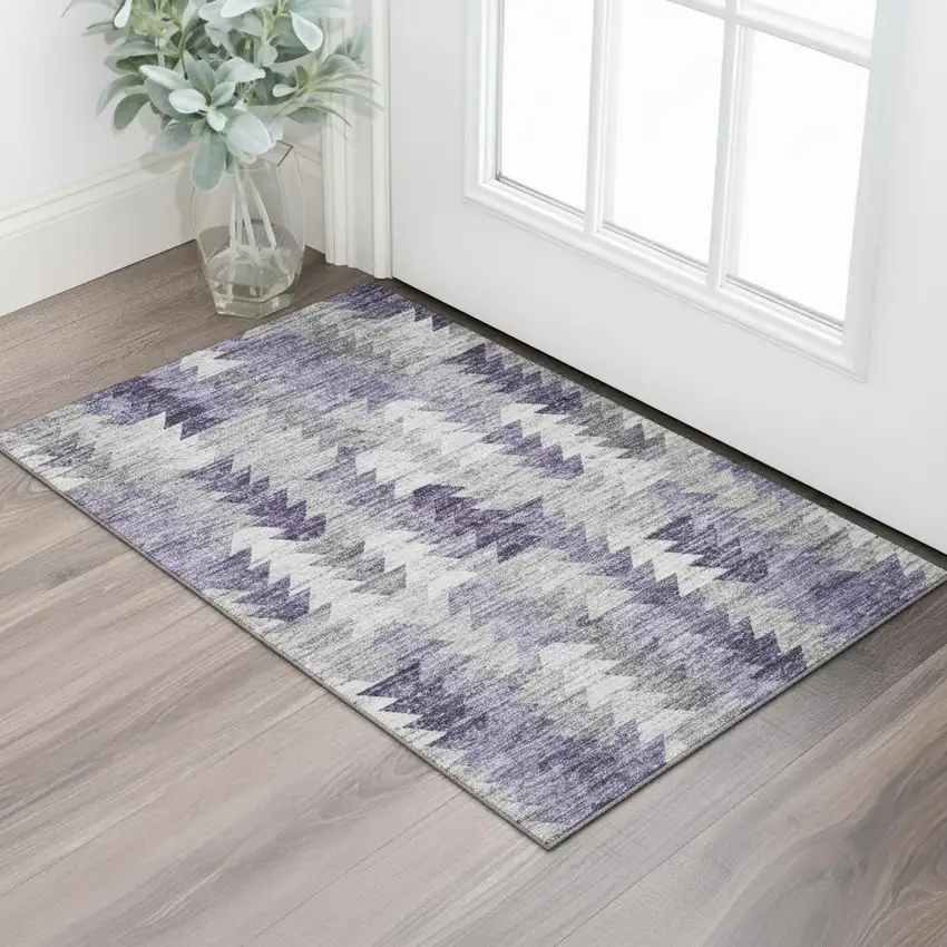 Purple Ivory And Gray Geometric Washable Area Rug With UV Protection Photo 1
