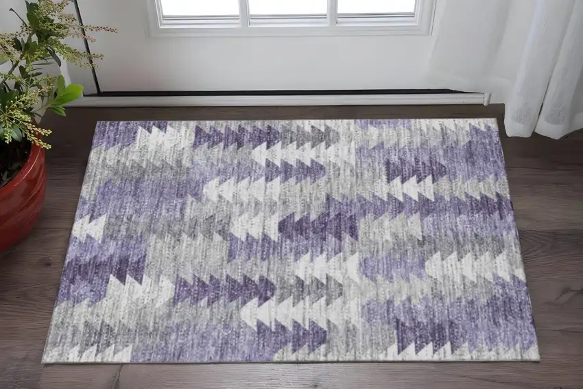 Purple Ivory And Gray Geometric Washable Area Rug With UV Protection Photo 2