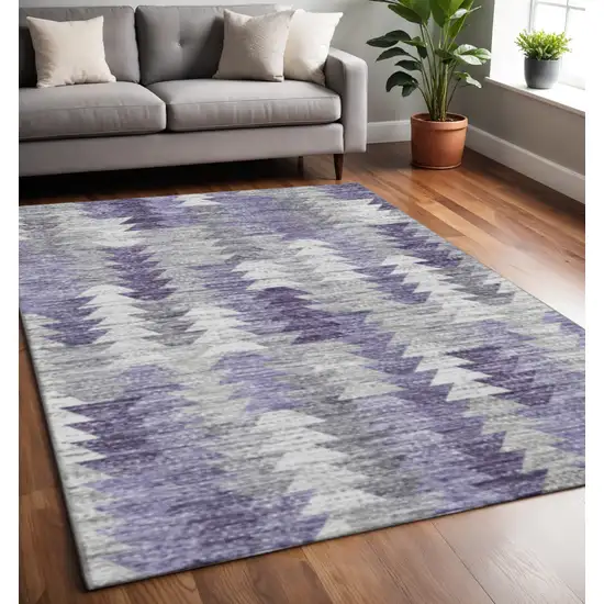 Purple Ivory And Gray Geometric Washable Area Rug With UV Protection Photo 2