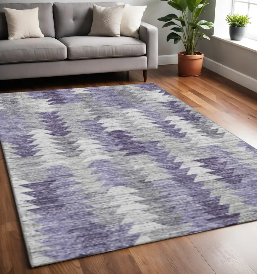 Purple Ivory And Gray Geometric Washable Area Rug With UV Protection Photo 2