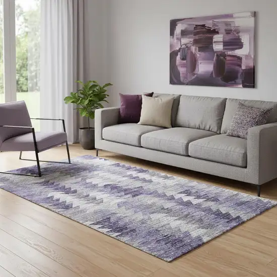 Purple Ivory And Gray Geometric Washable Area Rug With UV Protection Photo 1