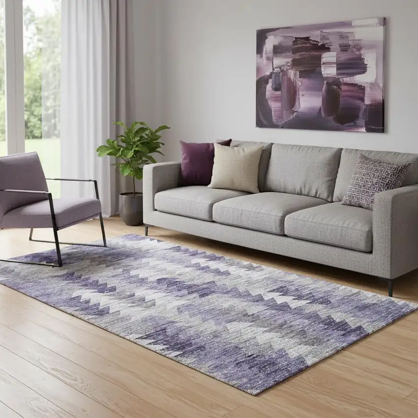 Purple Ivory And Gray Geometric Washable Area Rug With UV Protection Photo 1