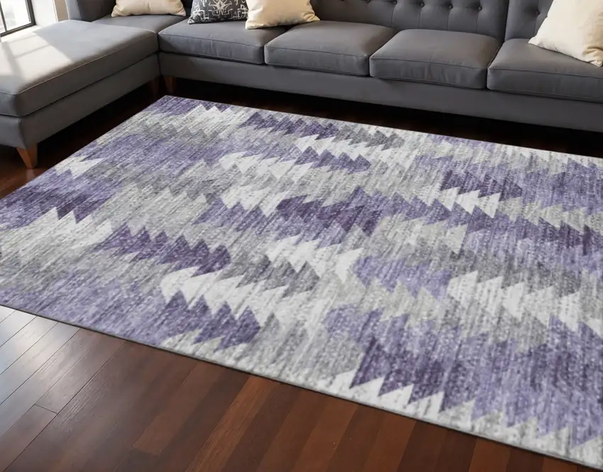Purple Ivory And Gray Geometric Washable Area Rug With UV Protection Photo 2
