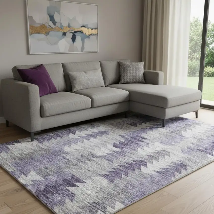 Purple Ivory And Gray Geometric Washable Area Rug With UV Protection Photo 1