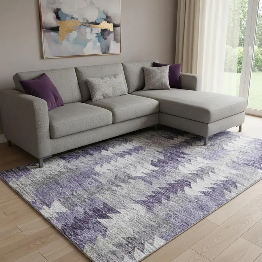 Purple Ivory And Gray Geometric Washable Area Rug With UV Protection Photo 1