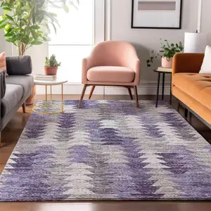 Photo of Purple Ivory And Gray Geometric Washable Area Rug With UV Protection