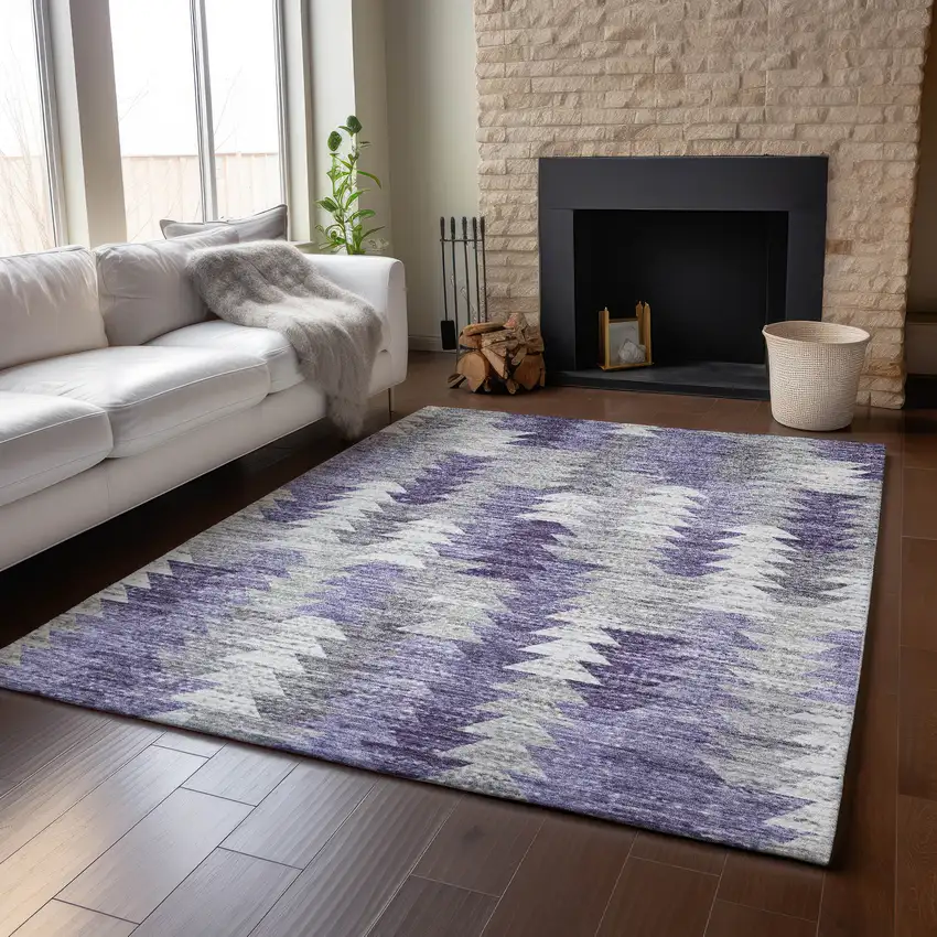 Purple Ivory And Gray Geometric Washable Area Rug With UV Protection Photo 6