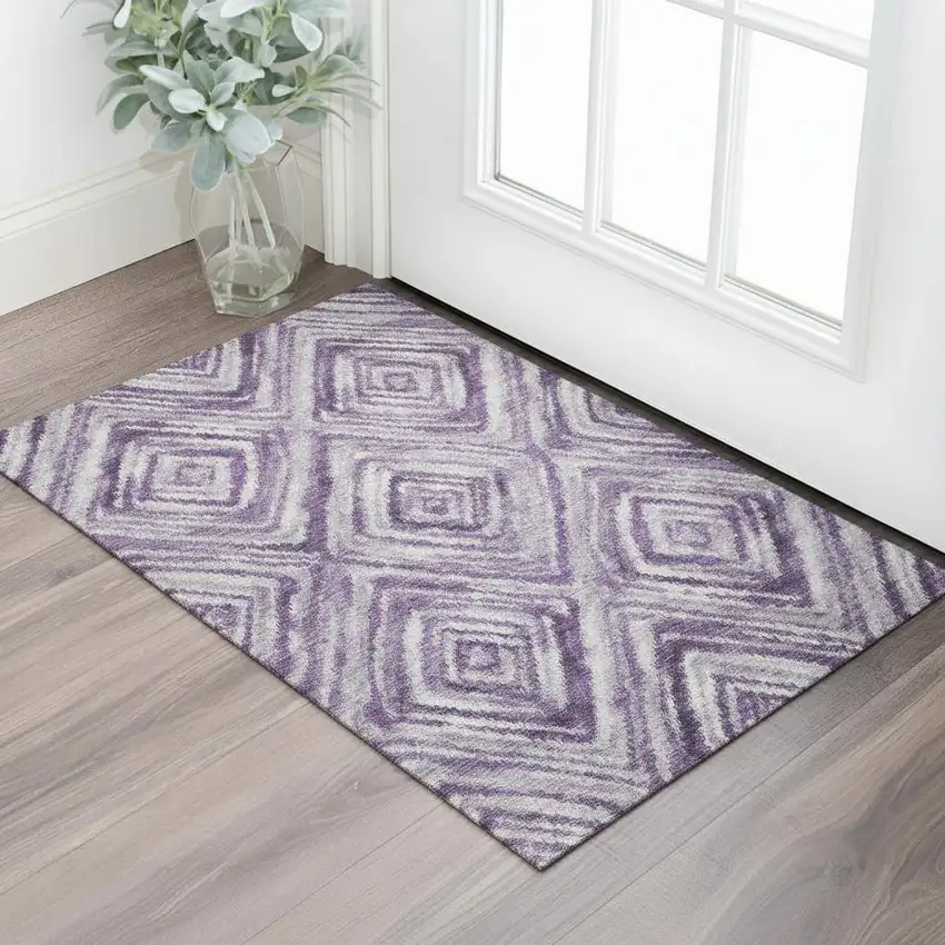 Purple Ivory And Gray Geometric Washable Area Rug With UV Protection Photo 1