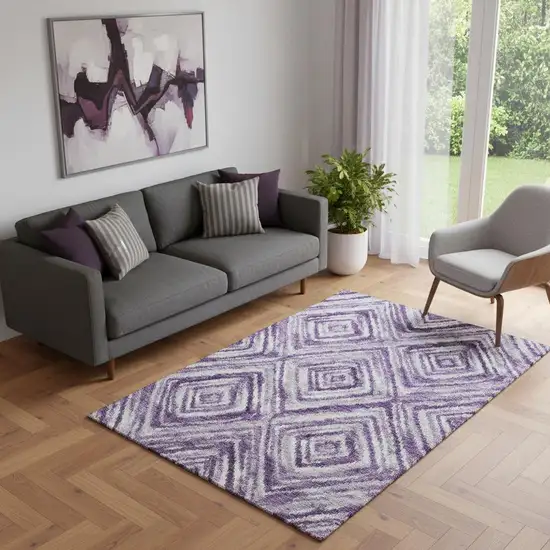 Purple Ivory And Gray Geometric Washable Area Rug With UV Protection Photo 1