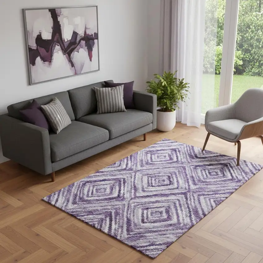 Purple Ivory And Gray Geometric Washable Area Rug With UV Protection Photo 1