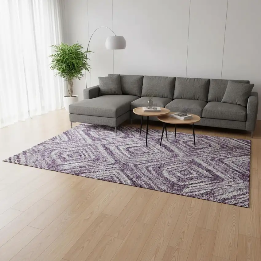 Purple Ivory And Gray Geometric Washable Area Rug With UV Protection Photo 2