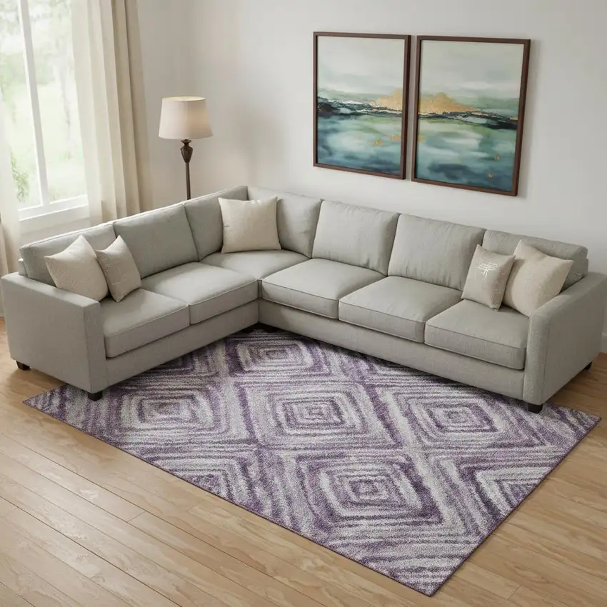 Purple Ivory And Gray Geometric Washable Area Rug With UV Protection Photo 1