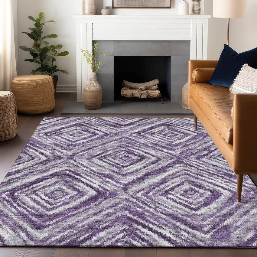 Purple Ivory And Gray Geometric Washable Area Rug With UV Protection Photo 6