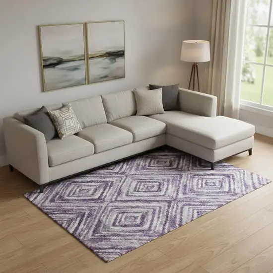 Purple Ivory And Gray Geometric Washable Area Rug With UV Protection Photo 1