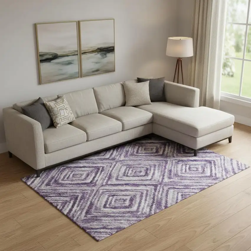 Purple Ivory And Gray Geometric Washable Area Rug With UV Protection Photo 1