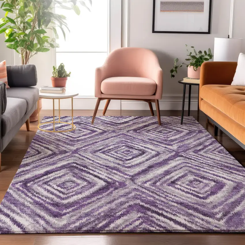 Purple Ivory And Gray Geometric Washable Area Rug With UV Protection Photo 5