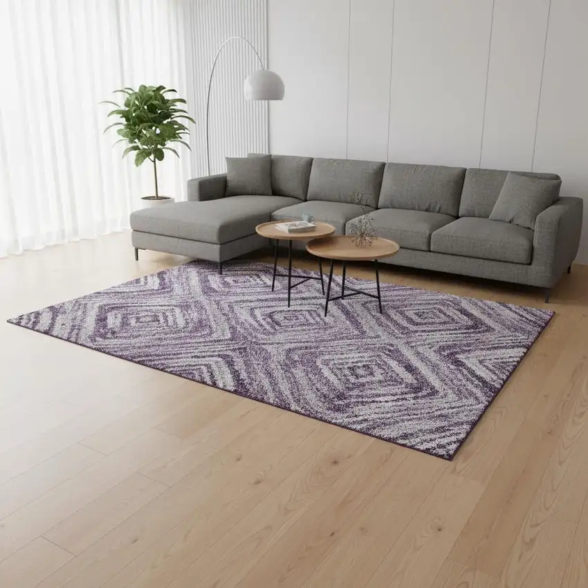 Purple Ivory And Gray Geometric Washable Area Rug With UV Protection Photo 2