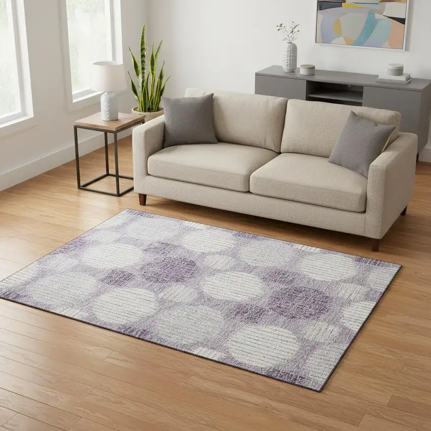 Purple Ivory And Gray Geometric Washable Area Rug With UV Protection Photo 2