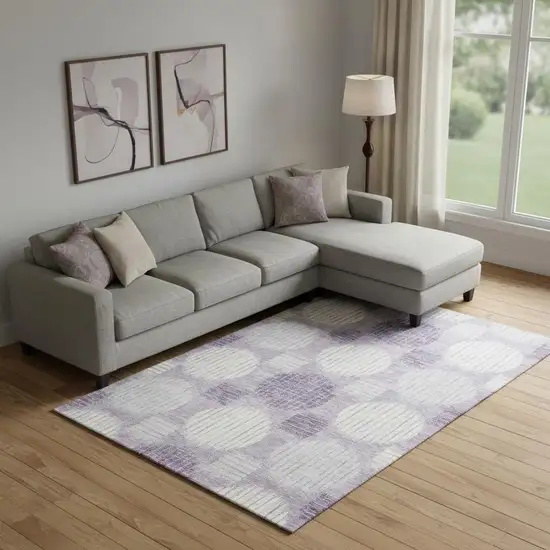 Purple Ivory And Gray Geometric Washable Area Rug With UV Protection Photo 1