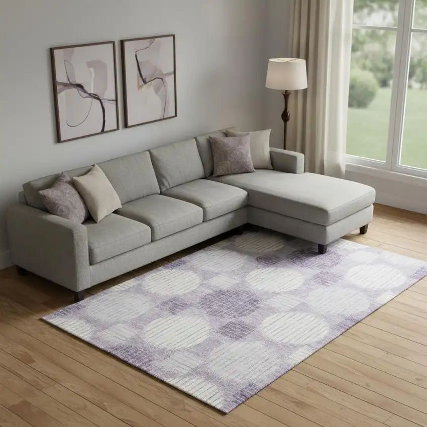 Purple Ivory And Gray Geometric Washable Area Rug With UV Protection Photo 1