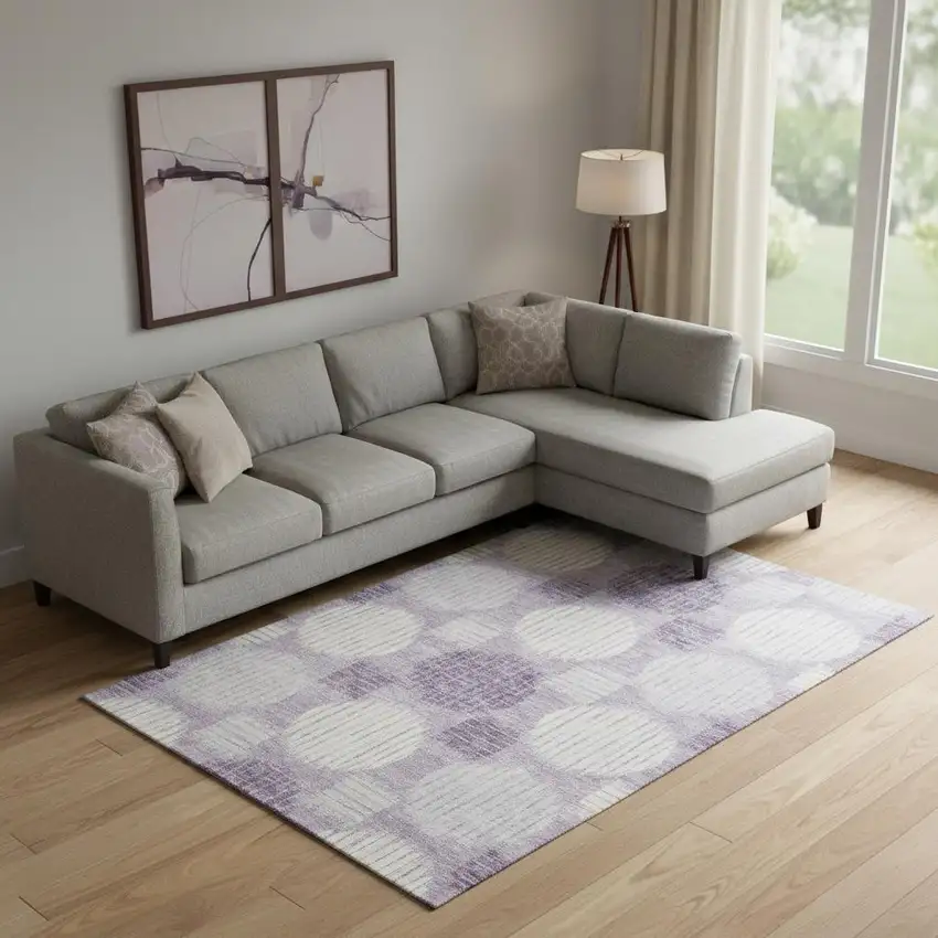 Purple Ivory And Gray Geometric Washable Area Rug With UV Protection Photo 1