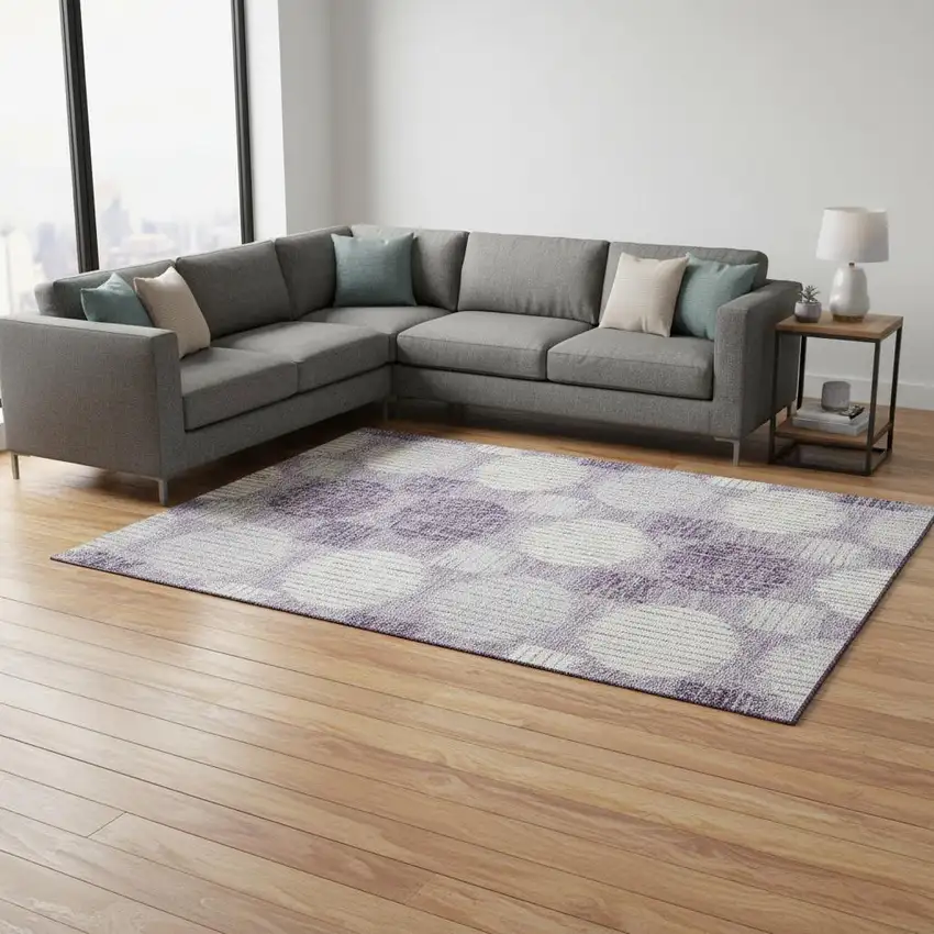 Purple Ivory And Gray Geometric Washable Area Rug With UV Protection Photo 2
