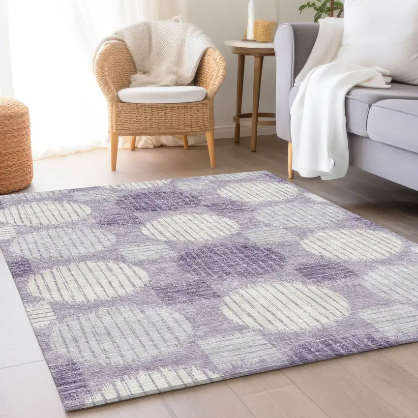 Purple Ivory And Gray Geometric Washable Area Rug With UV Protection Photo 5