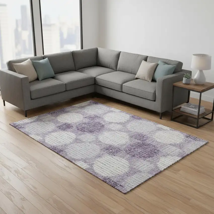 Purple Ivory And Gray Geometric Washable Area Rug With UV Protection Photo 2
