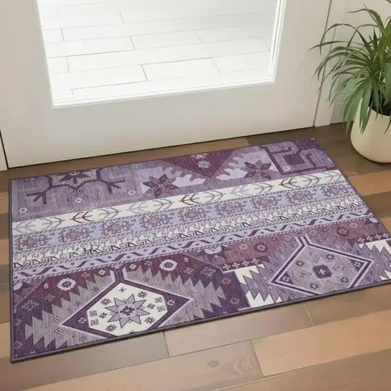 Purple Ivory And Gray Southwestern Washable Area Rug With UV Protection Photo 2