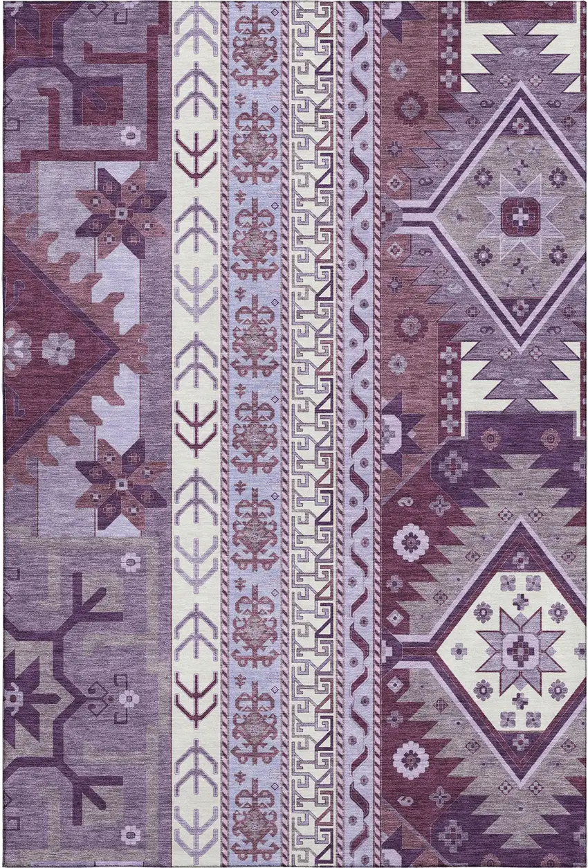 Purple Ivory And Gray Southwestern Washable Area Rug With UV Protection Photo 1